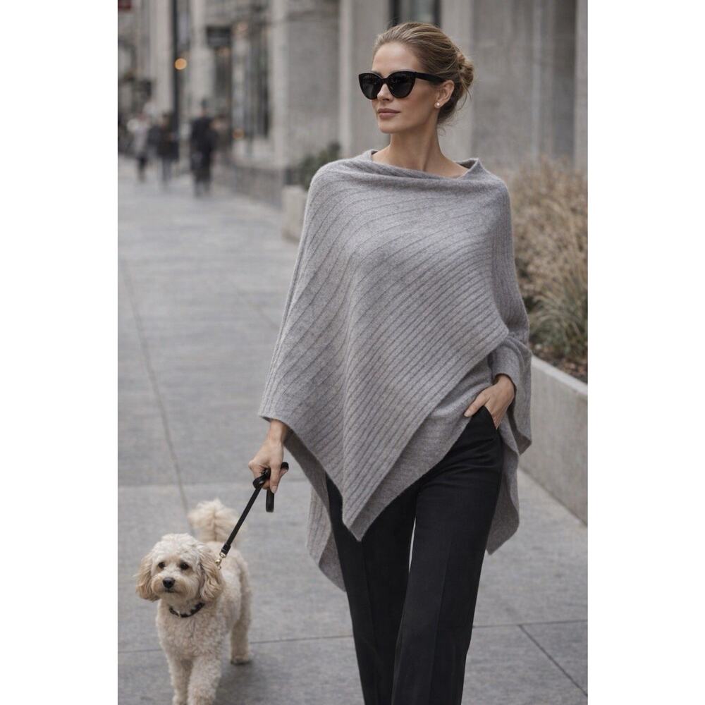 Beryll Gray Ultra-Fine Cashmere Asymmetrical Poncho Quiet‑Luxury Minimalism USA
